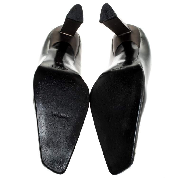 Pre Owned Baldinini Green Leather Slanted Toe Block Heel Pumps Size 40.5