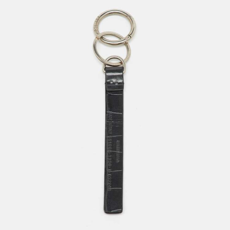 Pre Owned Balenciaga Dark Grey Crocodile Embossed Leather Logo Key Chain