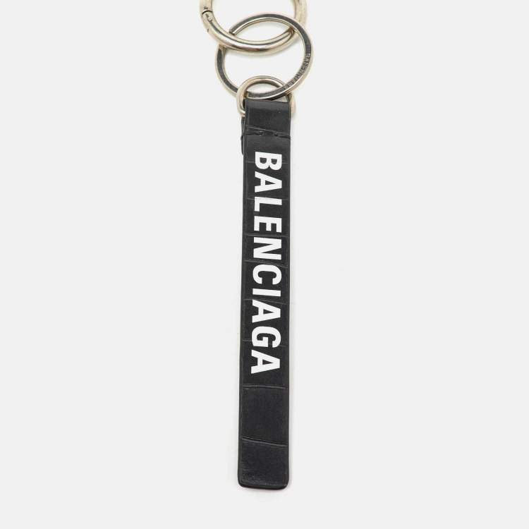Pre Owned Balenciaga Dark Grey Crocodile Embossed Leather Logo Key Chain