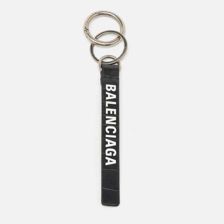 Pre Owned Balenciaga Dark Grey Crocodile Embossed Leather Logo Key Chain