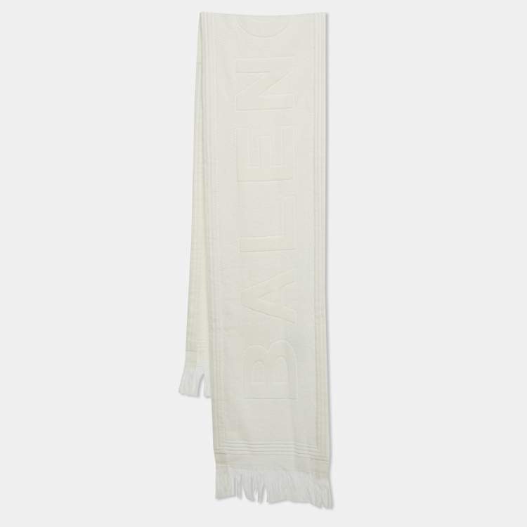 Pre Owned Balenciaga White Logo Detail Cotton Tennis Spugna Scarf 
