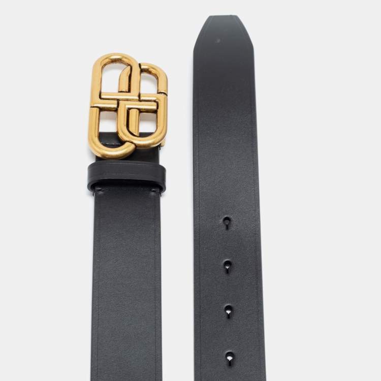 Pre Owned Balenciaga Black Leather BB Buckle Belt 90CM