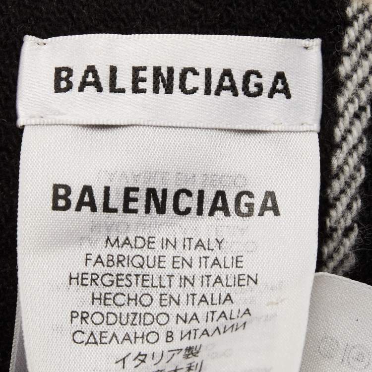 Pre Owned Balenciaga Black and White Wool Checked Intarsia Fringed Scarf