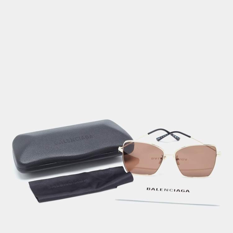 Pre Owned Balenciaga Gold/Brown BB0196SA Oversized Sunglasses