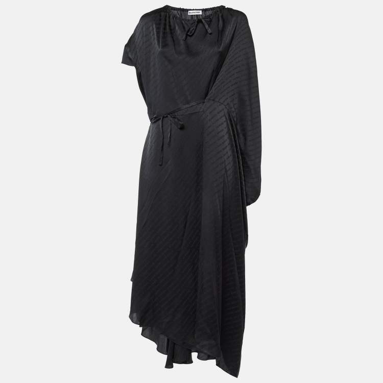 Pre Owned Balenciaga Black Monogram Satin Silk Asymmetric Midi Dress M