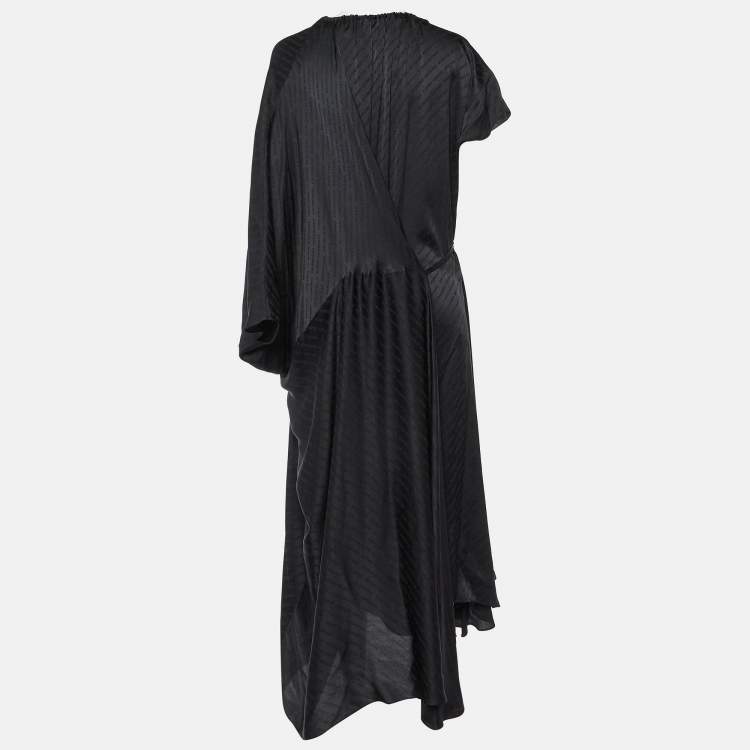 Pre Owned Balenciaga Black Monogram Satin Silk Asymmetric Midi Dress M