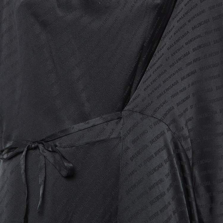 Pre Owned Balenciaga Black Monogram Satin Silk Asymmetric Midi Dress M