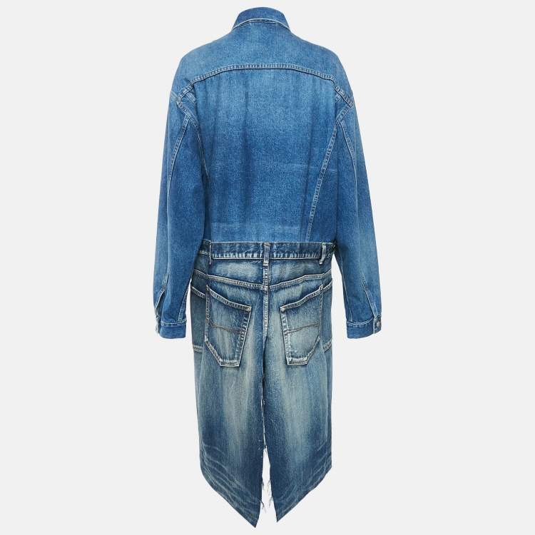 Pre Owned Balenciaga Blue Denim Raw Slit Detail Midi Dress M
