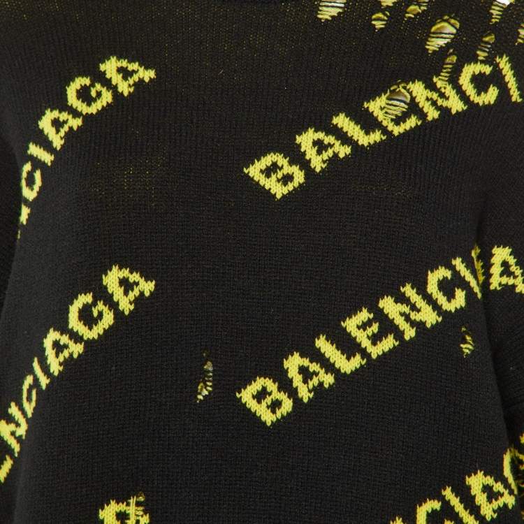 Pre Owned Balenciaga Black All Over Logo Wool Knit Distressed Sweater M