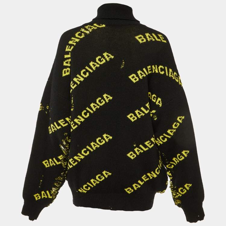 Pre Owned Balenciaga Black All Over Logo Wool Knit Distressed Sweater M