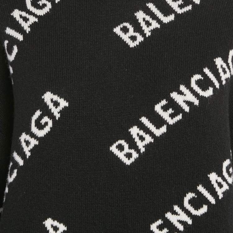 Pre Owned Balenciaga Black Allover Logo Jacquard Wool Crew Neck Oversized Jumper XS