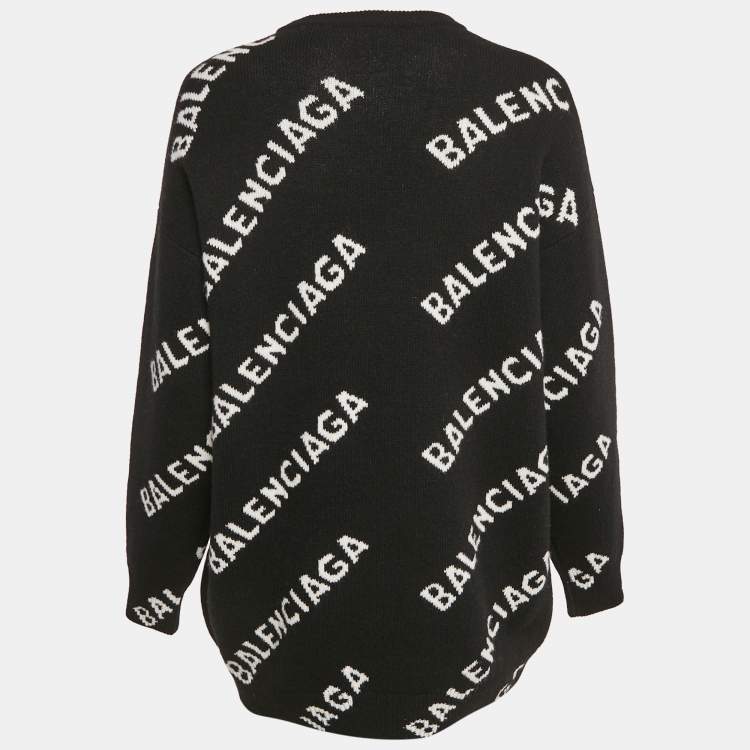 Pre Owned Balenciaga Black Allover Logo Jacquard Wool Crew Neck Oversized Jumper XS