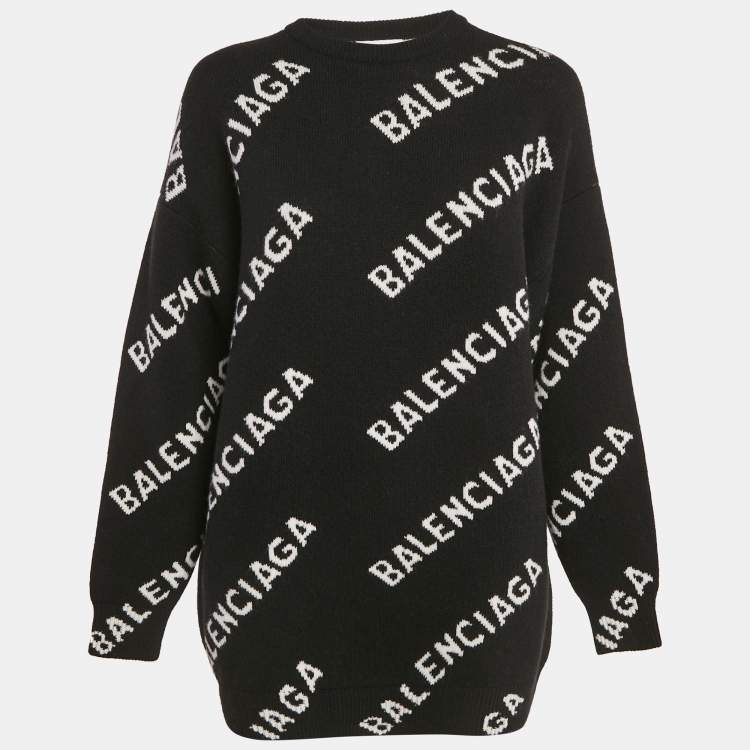 Pre Owned Balenciaga Black Allover Logo Jacquard Wool Crew Neck Oversized Jumper XS