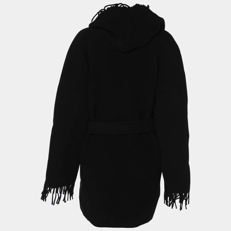 Pre Owned Balenciaga Black Wool Fringe Edge Hooded Cardi Coat M