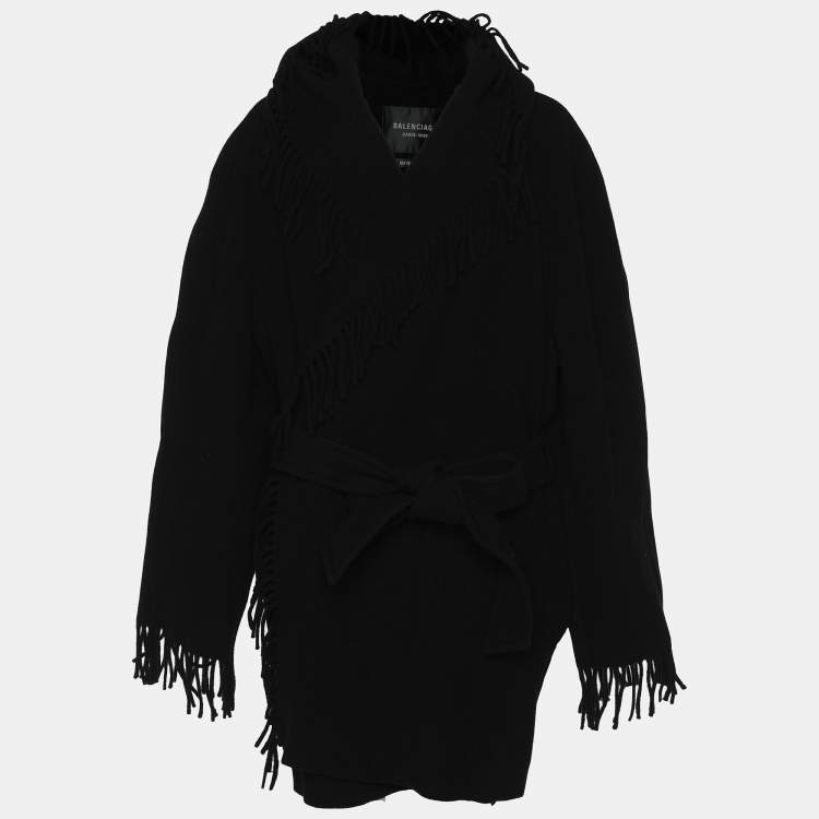 Pre Owned Balenciaga Black Wool Fringe Edge Hooded Cardi Coat M