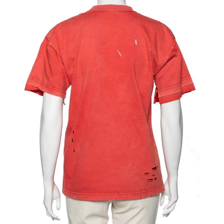 مملوكة مسبقًا Balenciaga Red Distressed Stonewashed Cotton Logo Printed T-Shirt XXS
