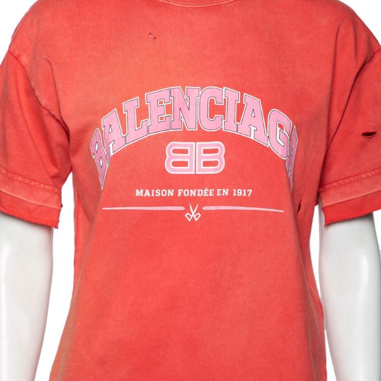 مملوكة مسبقًا Balenciaga Red Distressed Stonewashed Cotton Logo Printed T-Shirt XXS