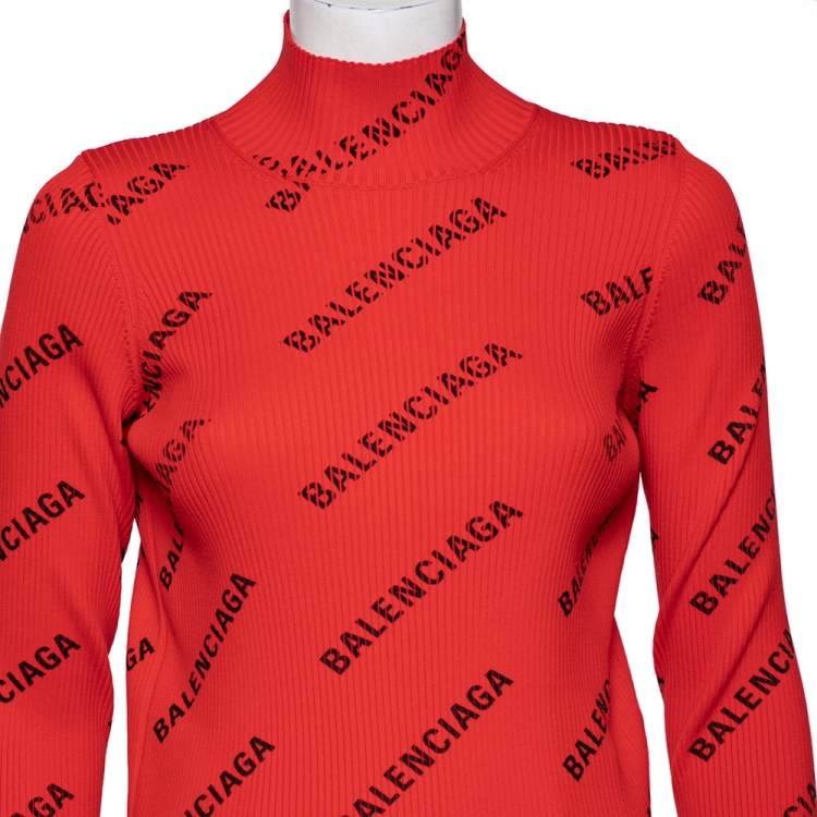 Pre Owned Balenciaga Red Logo Allover Knitwear Turtleneck Top XL