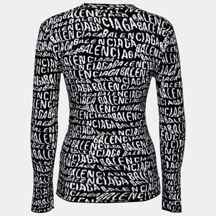 Pre Owned Balenciaga White & Black Wavy Logo Knitted Crew Neck Top XS