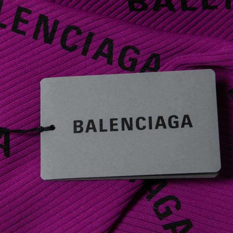 Pre Owned Balenciaga Purple Logo Printed Rib Knit Long Sleeve Jumper XL
