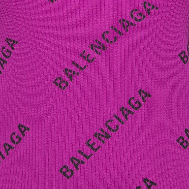 Pre Owned Balenciaga Purple Logo Printed Rib Knit Long Sleeve Jumper XL