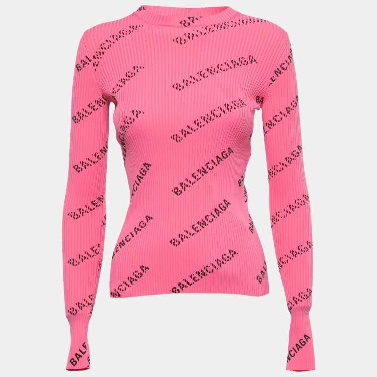 Pre Owned Balenciaga Pink All Over Logo Print Ribbed Knit Pullover XS