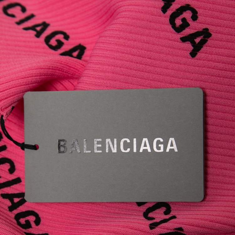 Pre Owned Balenciaga Pink All Over Logo Print Ribbed Knit Pullover XS