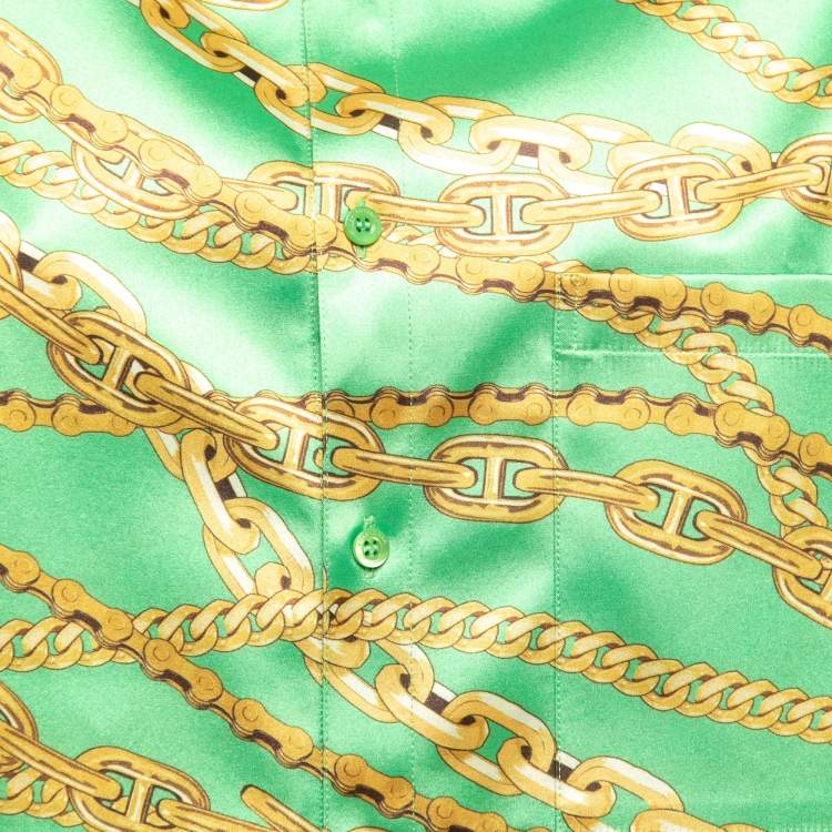 Pre Owned Balenciaga Green Chain Printed Satin Oversized Shirt S
