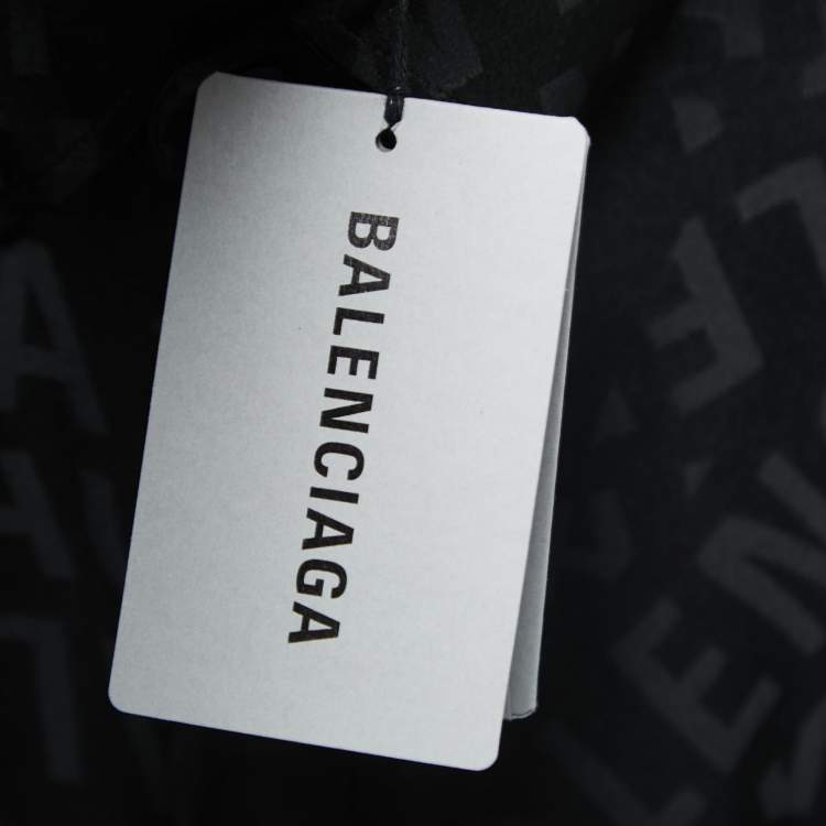 Pre Owned Balenciaga Black Logo Print Silk Button Front Oversized Shirt Midi Dress M