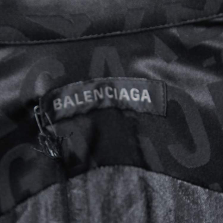 Pre Owned Balenciaga Black Logo Print Silk Button Front Oversized Shirt Midi Dress M