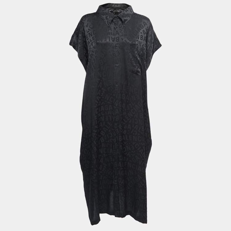 Pre Owned Balenciaga Black Logo Print Silk Button Front Oversized Shirt Midi Dress M