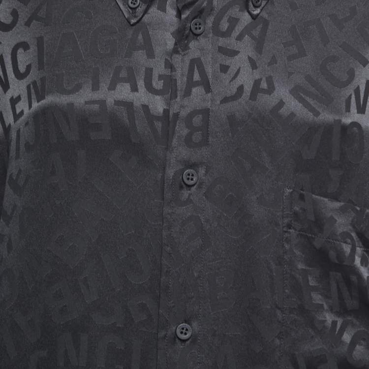 Pre Owned Balenciaga Black Logo Print Silk Button Front Oversized Shirt Midi Dress M