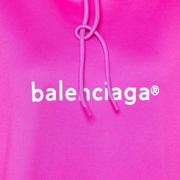 Pre Owned Balenciaga Neon Pink Logo Print Jersey Oversized Hoodie XS