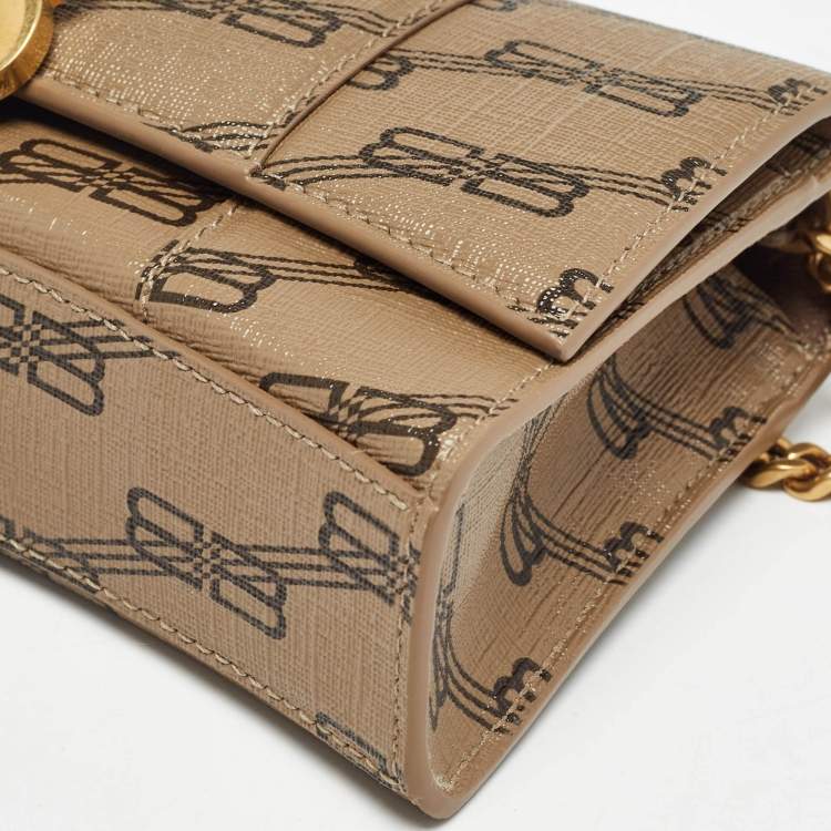 Pre Owned Balenciaga Tan BB Monogram Coated Canvas Hourglass Wallet on Chain