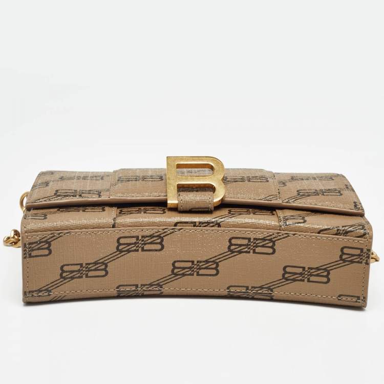 Pre Owned Balenciaga Tan BB Monogram Coated Canvas Hourglass Wallet on Chain