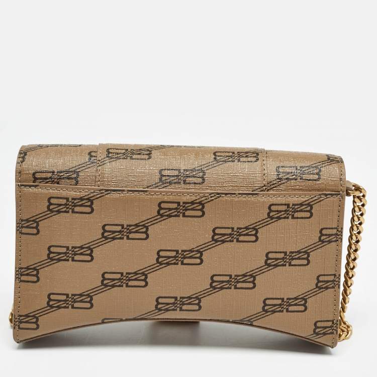 Pre Owned Balenciaga Tan BB Monogram Coated Canvas Hourglass Wallet on Chain