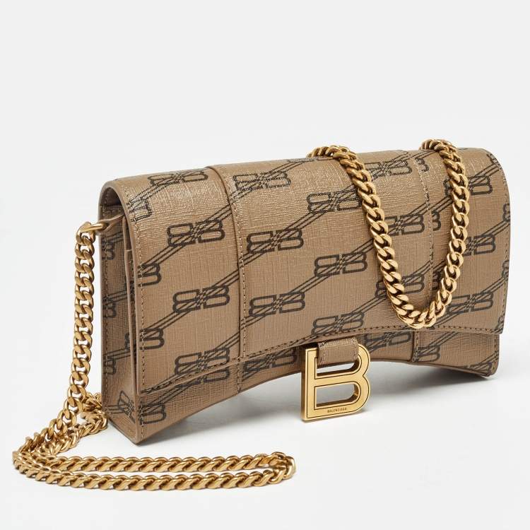 Pre Owned Balenciaga Tan BB Monogram Coated Canvas Hourglass Wallet on Chain