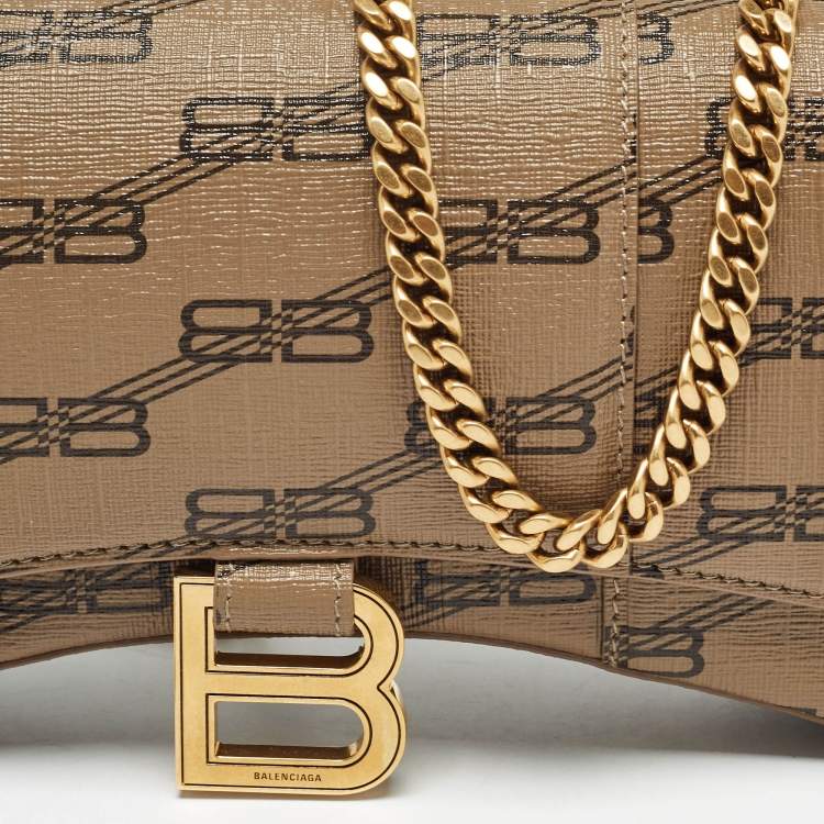 Pre Owned Balenciaga Tan BB Monogram Coated Canvas Hourglass Wallet on Chain