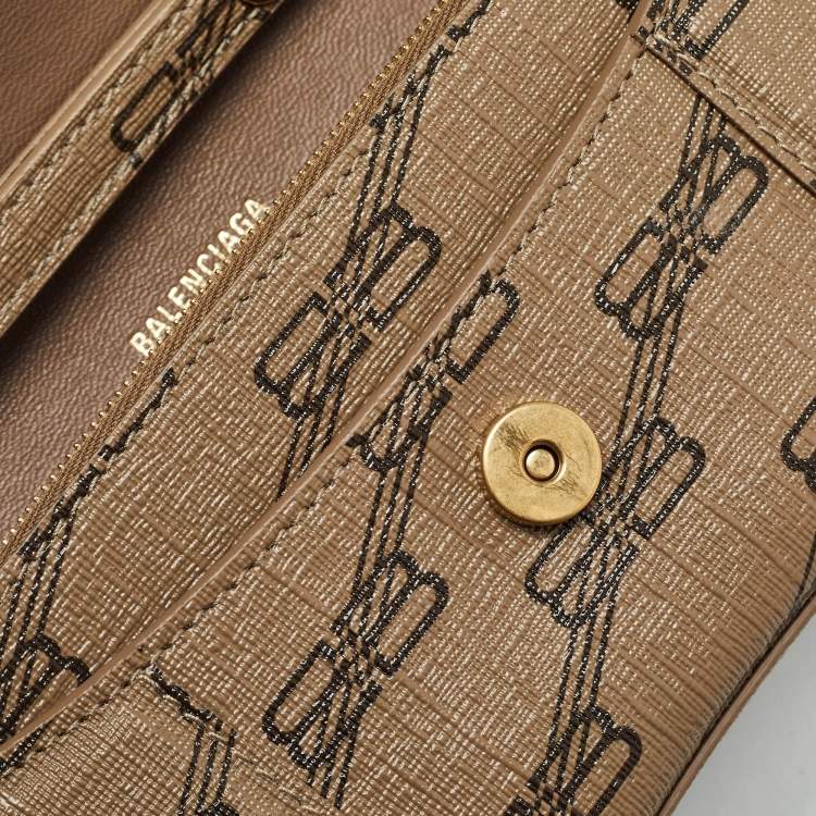 Pre Owned Balenciaga Tan BB Monogram Coated Canvas Hourglass Wallet on Chain