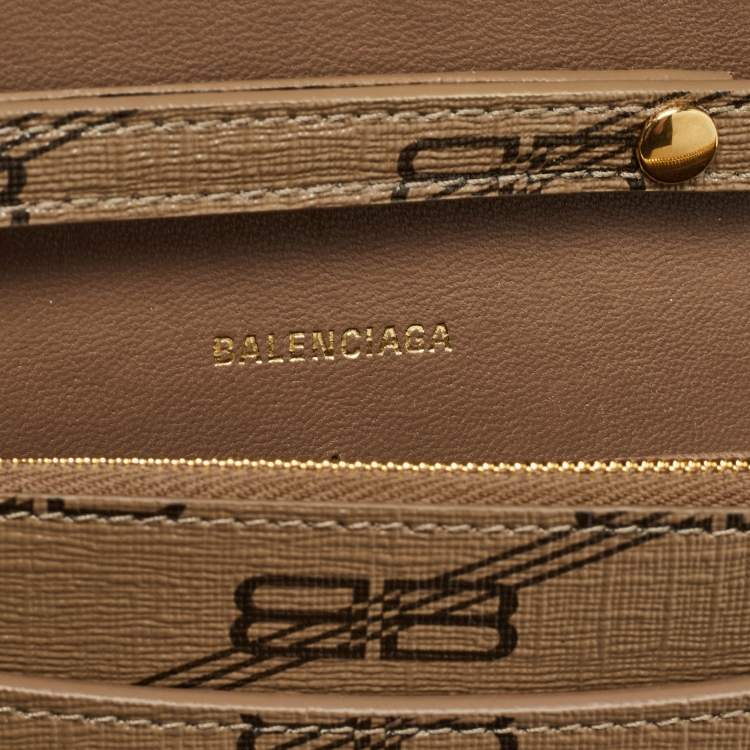 Pre Owned Balenciaga Tan BB Monogram Coated Canvas Hourglass Wallet on Chain