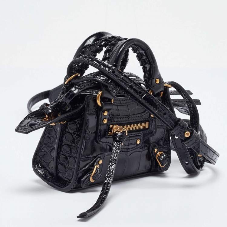 مملوكة مسبقًا Balenciaga Black Croc Embossed Leather Super Nano Neo Classic Bag