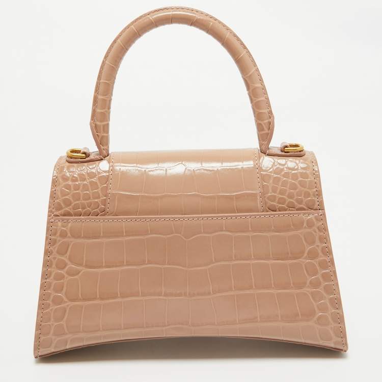 Pre Owned Balenciaga Beige Croc Embossed Leather Small Hourglass Top Handle Bag