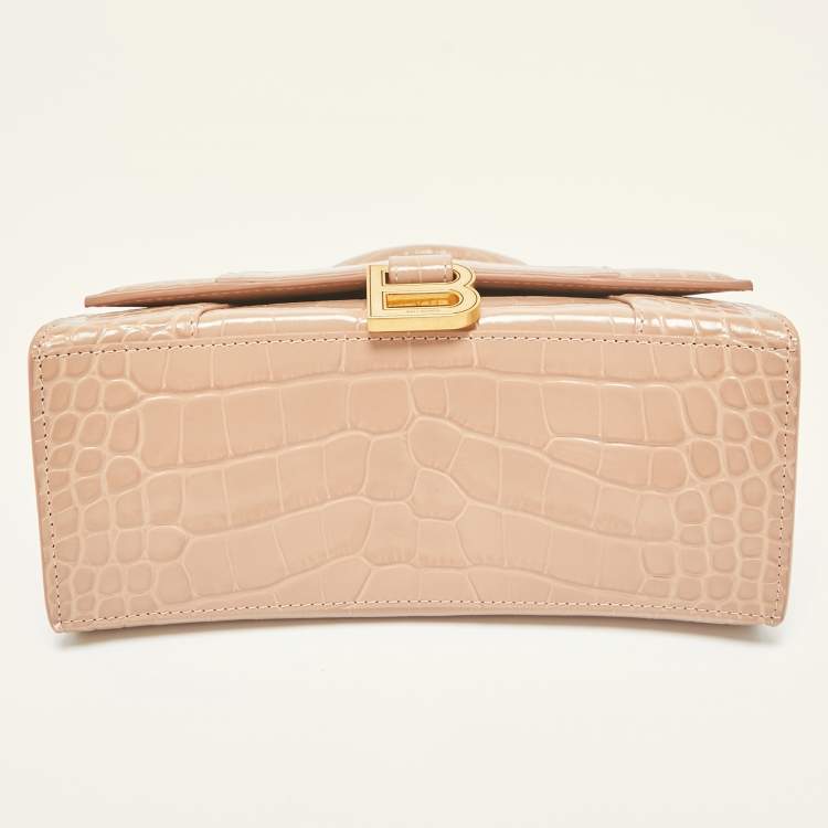 Pre Owned Balenciaga Beige Croc Embossed Leather Small Hourglass Top Handle Bag