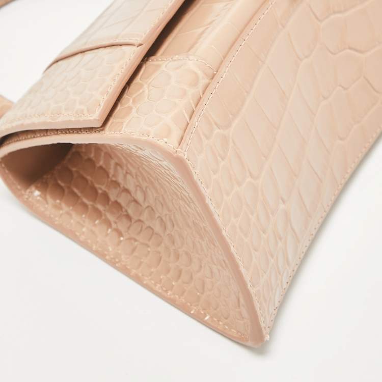 Pre Owned Balenciaga Beige Croc Embossed Leather Small Hourglass Top Handle Bag