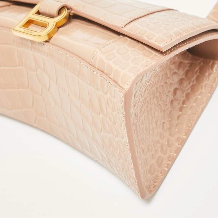 Pre Owned Balenciaga Beige Croc Embossed Leather Small Hourglass Top Handle Bag