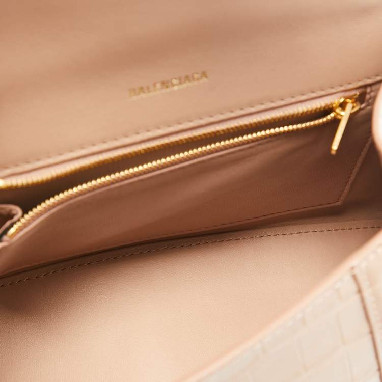 Pre Owned Balenciaga Beige Croc Embossed Leather Small Hourglass Top Handle Bag