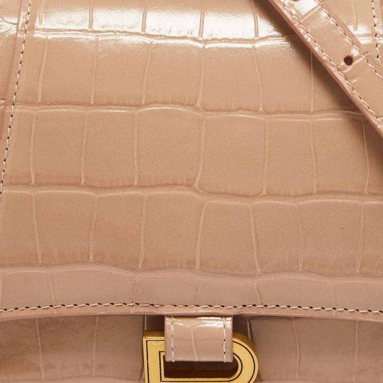 Pre Owned Balenciaga Beige Croc Embossed Leather Small Hourglass Top Handle Bag