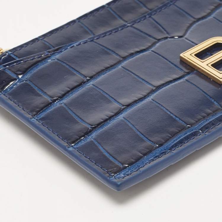 Pre Owned Balenciaga Blue Croc Embossed Leather Zip Card Case