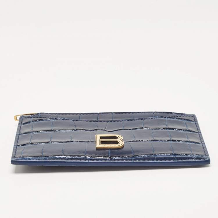 Pre Owned Balenciaga Blue Croc Embossed Leather Zip Card Case