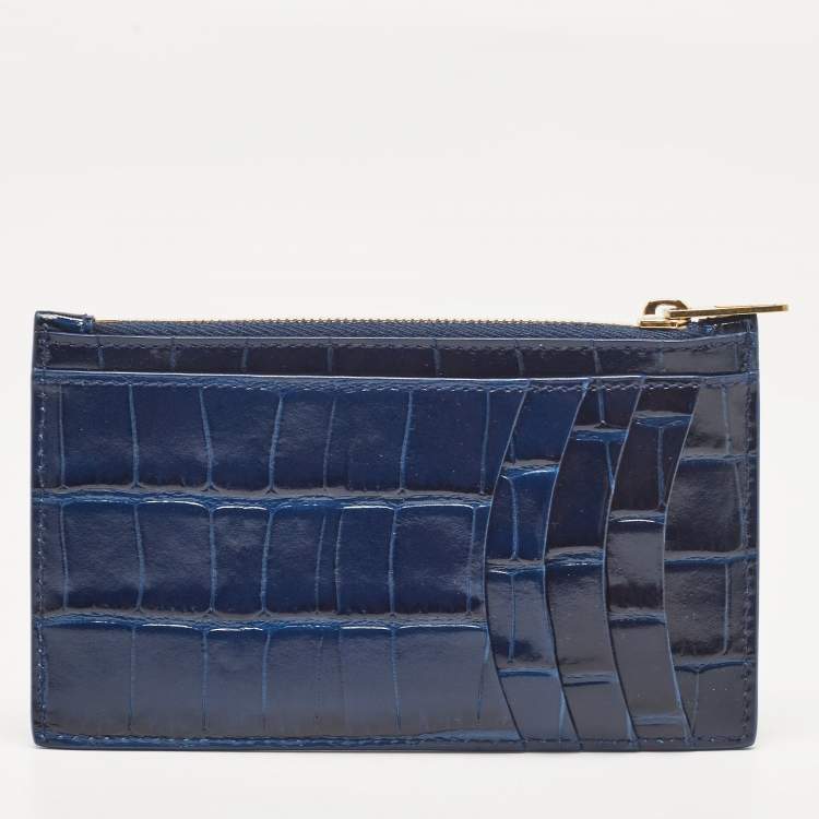 Pre Owned Balenciaga Blue Croc Embossed Leather Zip Card Case